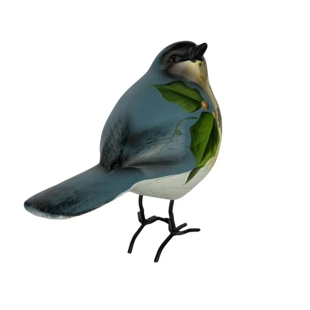 Vtg Hand Painted Bird Figurine Winter Holly Berry Black-Capped Chickadee Holiday - Picture 5 of 8
